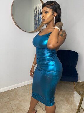 Metallic Teal Backless Bodycon Midi Dress | Stretch Satin Shine Dress